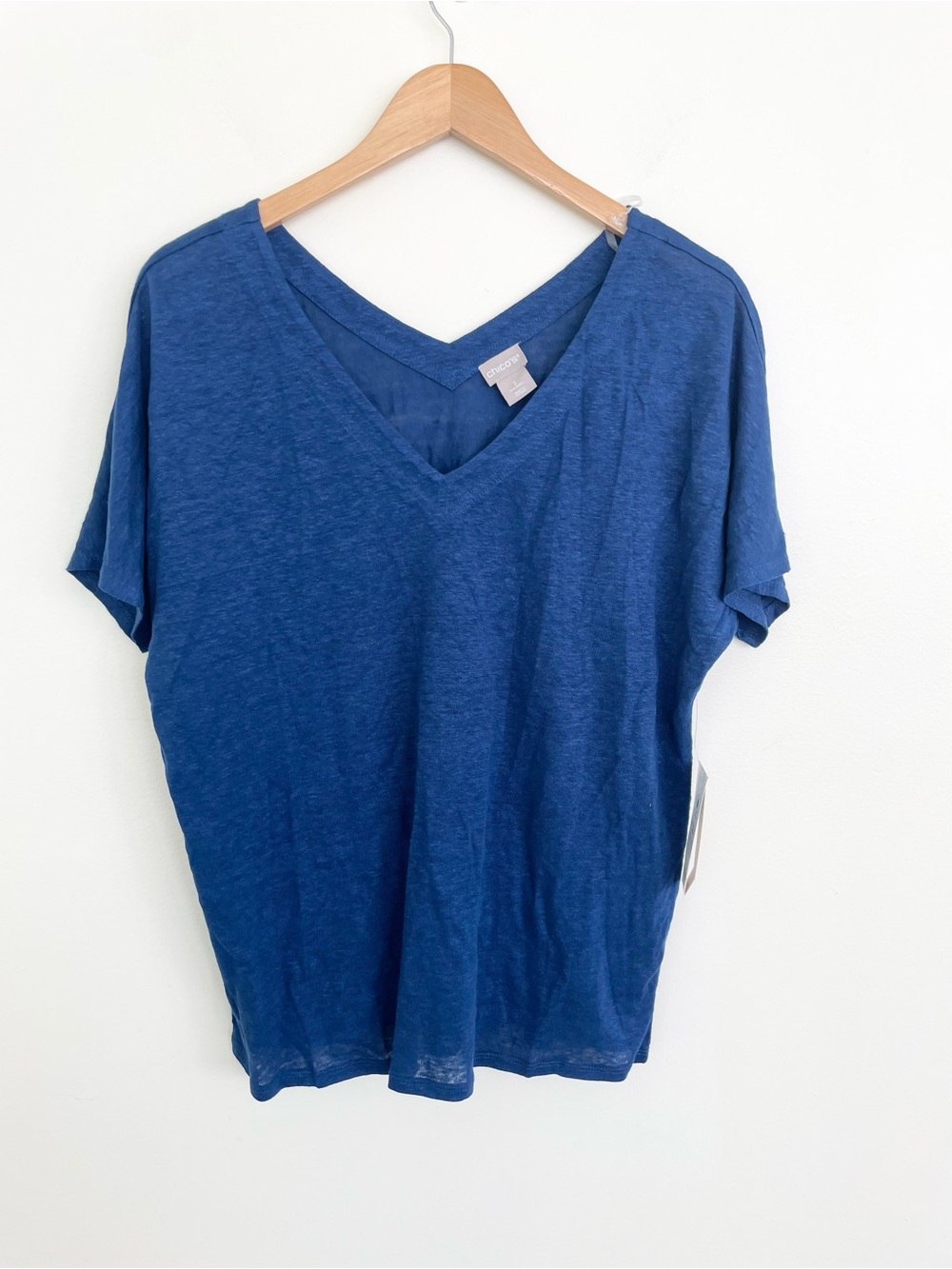 NWT Chicos 100% Linen Imperial Blue Vneck Short Sleeve Tee Sz 2 L Large Coastal